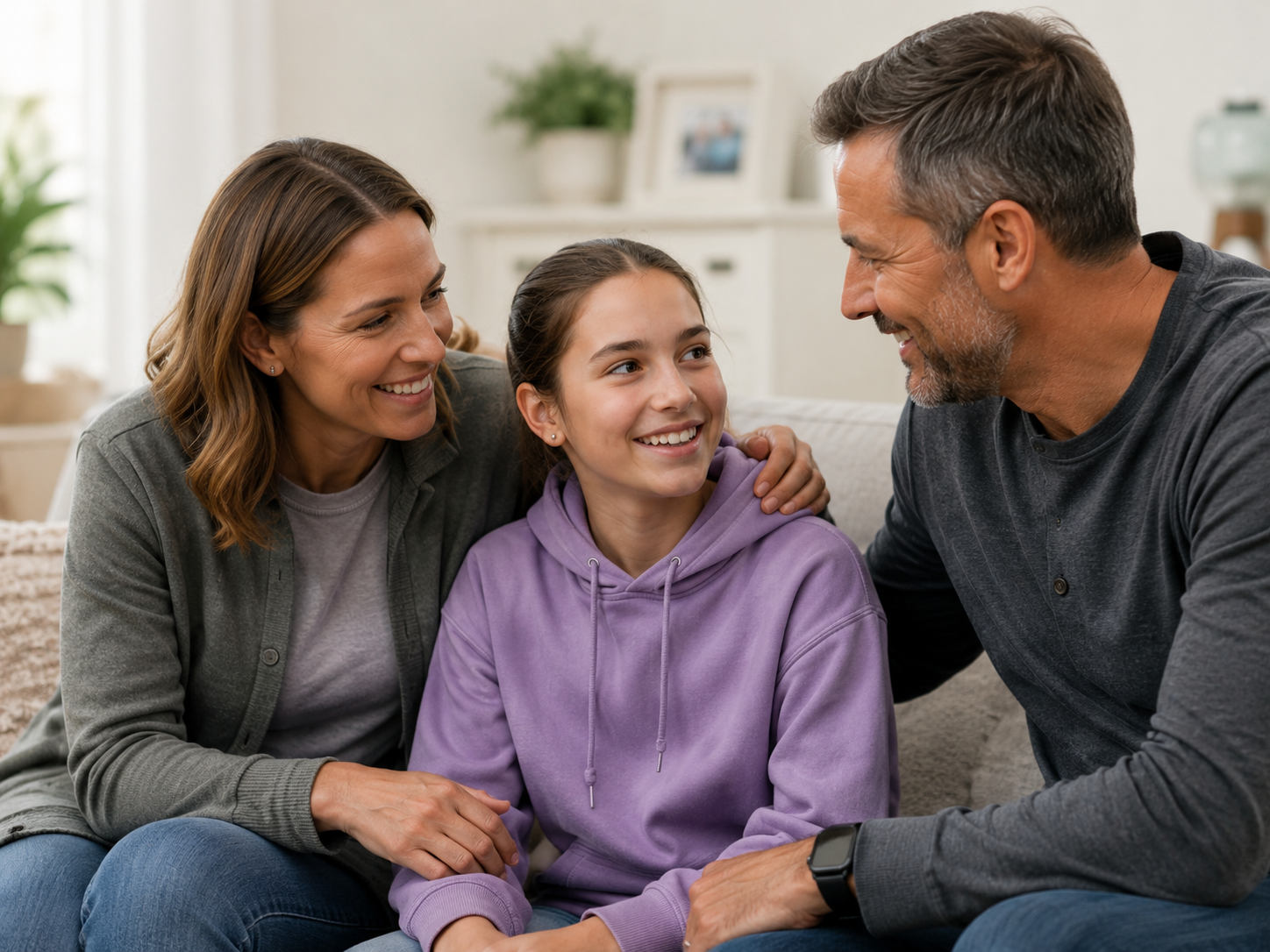 Parents and their teenage daughter sitting together at home, talking and smiling