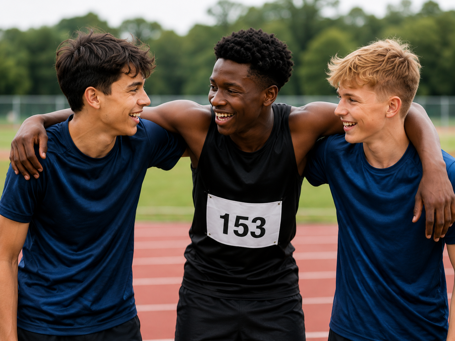 Three teenage athletes with arms around each other, smiling on a running track
