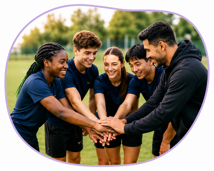 Psychological support for young athletes — a team in a huddle on a sports field