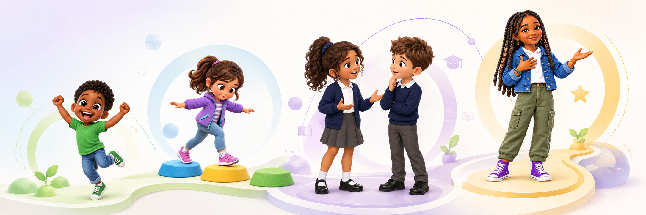 Illustration of children growing together along a winding path